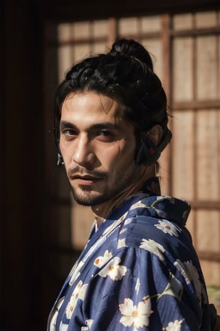 Highly detailed, High Quality, Masterpiece, beautiful, sole_male, 1boy, solo, male_focus, manly, Jetstream Sam, Half body portrait, facial hair, beard, vertical scar on face, european face, brazilian face, beautiful photography, stage photography, interesting pose, unusual head tilt, traditional japanese background, male yukata, red_yukata, haori, gaze somewhere