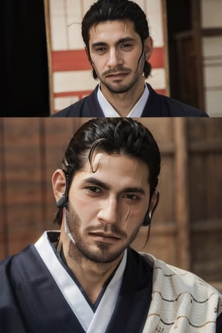 Highly detailed, High Quality, Masterpiece, beautiful, sole_male, 1boy, solo, male_focus, manly, Jetstream Sam, Half body portrait, facial hair, beard, vertical scar on face, european face, brazilian face, beautiful photography, stage photography, interesting pose, unusual head tilt, traditional japanese background, yukata, furisode, red_yukata, haori