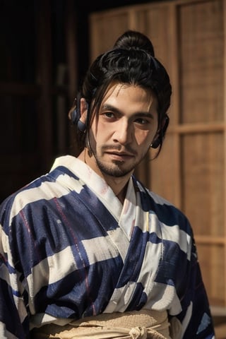 Highly detailed, High Quality, Masterpiece, beautiful, sole_male, 1boy, solo, male_focus, manly, Jetstream Sam, Half body portrait, facial hair, beard, vertical scar on face, european face, brazilian face, beautiful photography, stage photography, interesting pose, unusual head tilt, traditional japanese background, yukata, furisode, red_yukata, haori