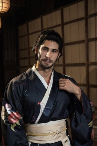 Highly detailed, High Quality, Masterpiece, beautiful, sole_male, 1boy, solo, Jetstream Sam, Half body portrait, facial hair, beard, vertical scar on face, european face, brazilian face, beautiful photography, stage photography, interesting pose, unusual head tilt, traditional japanese background, yukata, furisode, red_yukata, haori