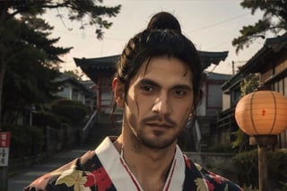 Highly detailed, High Quality, Masterpiece, beautiful, sole_male, 1boy, solo, male_focus, manly, Jetstream Sam, Half body portrait, facial hair, beard, vertical scar on face, european face, brazilian face, high ponytail, beautiful photography, professional photography, interesting pose, unusual head tilt, traditional japanese background, male yukata, red_yukata, haori, gaze away, movie screenshot, volumetric light, gorgeous light, colorful paper kites and japanese paper lanterns around