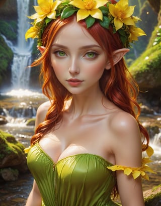 (Best quality, 8k, 32K, Masterpiece, UHD:1.3),Image of a glamorous elf girl, 1girl, ((medium breasts :1.5)), (Slender figure, perfect body:1.2), Medium short hair: 1.1, red hair, green eyes, flower crown on head, (Yellow dress: 1.1), (outdoor, sunset: 1. 5), on the girl falls a natural waterfall bathing all wet sensually, provocative look, sensual pose, ultra detailed face, detailed lips, detailed eyes, double eyelids, natural scenery, nature, lots of flowers, lots of living nature, photography, high details, good lighting.