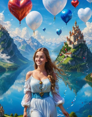 A 20-year-old woman looking in the direction of an unknown object (a familiar face) Angel, angel wings, balloons, heart balloons, wind, rope, earth landscape, medieval castle, lake, mountains, clouds, clear sky, colorful balloons (balloons: 1.5) Blue and white tones, smiles, epic, Celestia, fantasy world, beautiful world.