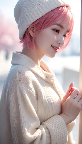 22 year old Girl, cute, solo, knit cap, profile, pink hair, short hair, smooth bangs, smile, snow out of season, cherry blossoms, admiring flowers, white breath, upper body close-up, out of focus background, cherry blossom trees, dim light, cloudy, sun Angle from inside and side,snow full,
