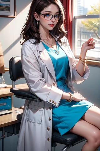 (female): solo, (perfect face), (detailed outfit), (20 years old), doctor, happy, smiling, (sitting), brown hair, medium hair, wavy hair, blue eyes, light skin, medium chest_circumference, (white coat), (black skirt), (glasses), (necklace), (friendship bracelet) (background): from front, indoor, clinic, (desk), (curtain), (medicine bottle), (patient's chair), afternoon, sunny (effects): (masterpiece), (best quality), (sharp focus), (depth of field), (high res)