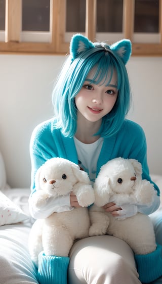 A whimsical scene unfolds in a cozy bedroom, where one girl sits amidst a sea of plush animals. Her bright blue hair and fluffy attire - from shirt to pants to sleeves - exude a playful aura. Floppy ears frame her adorable face, as brown eyes sparkle with excitement. A multitude of cuddly companions, including animal plushies, surround her, filling the space with an explosion of fluff.