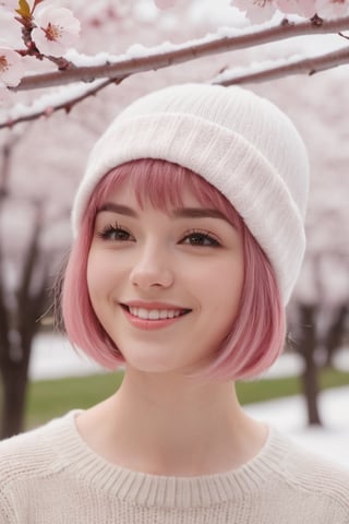 22 year old Girl, cute, solo, knit cap, profile, pink hair, short hair, smooth bangs, smile, snow out of season, cherry blossoms, admiring flowers, white breath, upper body close-up, out of focus background, cherry blossom trees, dim light, cloudy, sun Angle from inside and side,snow full,
