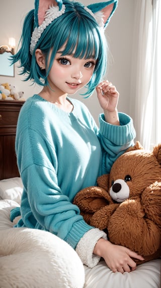 A whimsical scene unfolds in a cozy bedroom, where one girl sits amidst a sea of plush animals. Her bright blue hair and fluffy attire - from shirt to pants to sleeves - exude a playful aura. Floppy ears frame her adorable face, as brown eyes sparkle with excitement. A multitude of cuddly companions, including animal plushies, surround her, filling the space with an explosion of fluff.