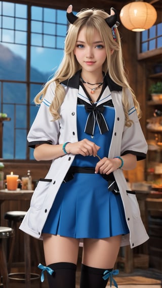 (female): solo, (perfect face), (detailed outfit), (20 years old), inn worker, (cow ears), relaxed, content, (cleaning), pale hair, long hair, asymmetrical hair, blue eyes, light skin, large chest_circumference, (short-sleeve coat), (mini skirt), (black thighhighs), (large ribbon), (friendship bracelet) (background): from front, indoor, (inn), (bathhouse), (towels), (buckets), (stools), evening, (effects): (masterpiece), (best quality), (sharp focus), (depth of field), (high res), more_details:-1, more_details:0, more_details:0.5, more_details:1, more_details:1.5, kawaiitech, pastel colors, kawaii, cute colors
