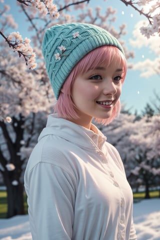 22 year old Girl, cute, solo, knit cap, profile, pink hair, short hair, smooth bangs, smile, snow out of season, cherry blossoms, admiring flowers, white breath, upper body close-up, out of focus background, cherry blossom trees, dim light, cloudy, sun Angle from inside and side,snow full,
