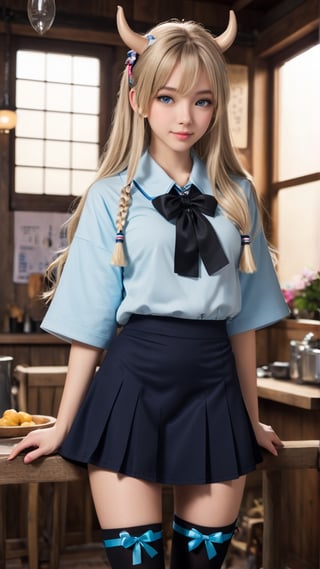 (female): solo, (perfect face), (detailed outfit), (20 years old), inn worker, (cow ears), relaxed, content, (cleaning), pale hair, long hair, asymmetrical hair, blue eyes, light skin, large chest_circumference, (short-sleeve coat), (mini skirt), (black thighhighs), (large ribbon), (friendship bracelet) (background): from front, indoor, (inn), (bathhouse), (towels), (buckets), (stools), evening, (effects): (masterpiece), (best quality), (sharp focus), (depth of field), (high res), more_details:-1, more_details:0, more_details:0.5, more_details:1, more_details:1.5, kawaiitech, pastel colors, kawaii, cute colors
