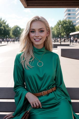 {{A captivating}} depiction of {a beautiful 20 year old girl with {blonde hair}, {emerald green eyes}} and {perfect features}} resting on a bench, {smiling happily} and {making the peace sign}}. This is a {modern}} inspired image that showcases {the subject's charm and style}}. The environment/background should be an {urban park} to create a {vibrant, contemporary atmosphere}. The image should be styled as a {fashion shoot}, incorporating elements of {street style photography}. The {panoramic} shot, captured with a {wide-angle} lens, will provide {a dynamic and expansive view}. The lighting should be {crisp and dynamic}, highlighting {the subject's features and attire} with strong contrasts. The desired level of detail is {striking} with {high definition} resolution, highlighting {the sharpness of the subject's attire and accessories}. The goal is to create {a visually stunning image} that captivates viewers with its {modern style and elegance}.