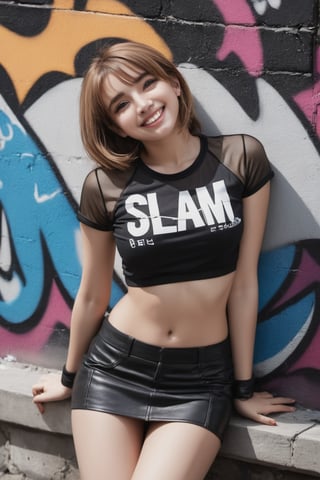 1girl, fishnet shirt, crop top, miniskirt, navel, lying to wall , focus on upper body, looking at viewer, smile open mouth, looking at viewer, from behind, slam street, graffiti,, (masterpiece:1.2), (best quality:1.2), (very aesthetic:1.2), (absurdres:1.2), (detailed background),newest,ai-generated, intricate,
