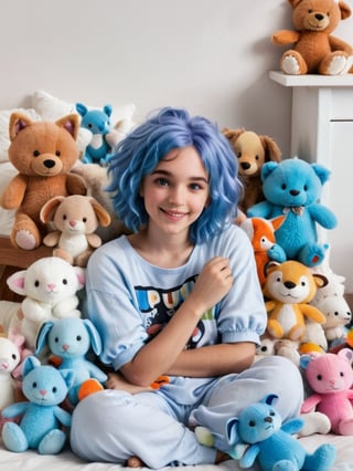 A whimsical scene unfolds in a cozy bedroom, where one girl sits amidst a sea of plush animals. Her bright blue hair and fluffy attire - from shirt to pants to sleeves - exude a playful aura. Floppy ears frame her adorable face, as brown eyes sparkle with excitement. A multitude of cuddly companions, including animal plushies, surround her, filling the space with an explosion of fluff.