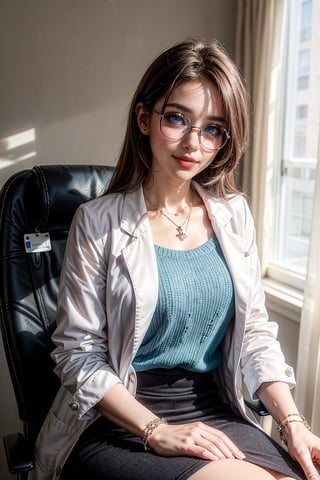 (female): solo, (perfect face), (detailed outfit), (20 years old), doctor, happy, smiling, (sitting), brown hair, medium hair, wavy hair, blue eyes, light skin, medium chest_circumference, (white coat), (black skirt), (glasses), (necklace), (friendship bracelet) (background): from front, indoor, clinic, (desk), (curtain), (medicine bottle), (patient's chair), afternoon, sunny (effects): (masterpiece), (best quality), (sharp focus), (depth of field), (high res)