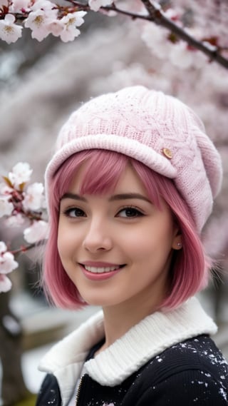 22 year old Girl, cute, solo, knit cap, profile, pink hair, short hair, smooth bangs, smile, snow out of season, cherry blossoms, admiring flowers, white breath, upper body close-up, out of focus background, cherry blossom trees, dim light, cloudy, sun Angle from inside and side,snow full,
