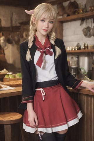 (female): solo, (perfect face), (detailed outfit), (20 years old), inn worker, (cow ears), relaxed, content, (cleaning), pale hair, long hair, asymmetrical hair, blue eyes, light skin, large chest_circumference, (short-sleeve coat), (mini skirt), (black thighhighs), (large ribbon), (friendship bracelet) (background): from front, indoor, (inn), (bathhouse), (towels), (buckets), (stools), evening, (effects): (masterpiece), (best quality), (sharp focus), (depth of field), (high res), more_details:-1, more_details:0, more_details:0.5, more_details:1, more_details:1.5, kawaiitech, pastel colors, kawaii, cute colors
