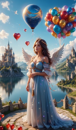 A 20-year-old woman looking in the direction of an unknown object (a familiar face) Angel, angel wings, balloons, heart balloons, wind, rope, earth landscape, medieval castle, lake, mountains, clouds, clear sky, colorful balloons (balloons: 1.5) Blue and white tones, smiles, epic, Celestia, fantasy world, beautiful world.