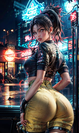 (masterpiece, best quality, 4k, detailed, intricate, realistic), outside, modern city street, night, neon lights, bokeh, depth of field, 1girl, big booty, pink IncursioDipDyedHair, black hair, ponytail, high-waist pants, looking at viewer, shirt,