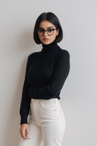 !
{{A shy and charming}} depiction of {a solo girl} with {a bob cut} framing her face, showcasing {her black hair} and {black eyes} behind {glasses}. She possesses {huge breasts}, giving her a striking silhouette. Her attire includes {a black turtleneck sweater} paired with {white denim pants}, adding a touch of contrast to her ensemble. The girl's cheeks are tinged with {blush}, indicating her {embarrassed} demeanor. The scene is set in {a room}, with the perspective captured {from below}, adding depth to the composition. This image, inspired by the theme of r1ge, focuses on conveying a sense of {shyness} and {vulnerability}.