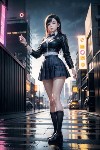 1girl, solo, colorful, vivid colors, perfect female form, cute face, large breasts, long hair, fit body, abs, thigh gap, long legs, looking at viewer, school uniform, microskirt, plaid skirt, fishnets, A woman is standing in a roof, overlooking a cyberpunk city and steampunk in the dark and rain, against the backdrop of the cyberpunk city skyline and the night sky, cyberpunk steampunk, perfect quality, high quality, photorealistic, dynamic pose BREAK orange and blue hue, (abstract:0.2), at night, water particles,   knva,    concept art,    expressiveh   