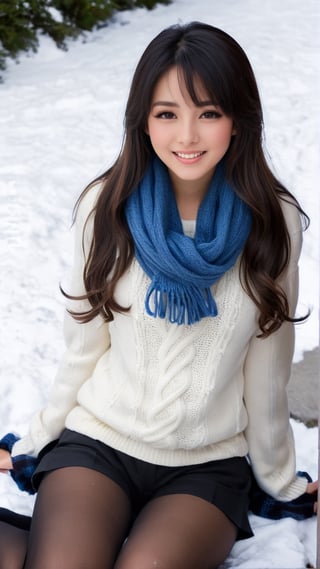 1girl, solo, long hair, blush, bangs, black hair, long sleeves, brown eyes, pantyhose, lying, one eye closed, open clothes, shorts, teeth, artist name, signature, on back, scarf, sweater, coat, black pantyhose, hands up, short shorts, feet out of frame, watermark, black shorts, clenched teeth, snow, open coat, snowing, white sweater, legwear under shorts, winter, blue scarf, plaid scarf, cable knit, aran sweater
