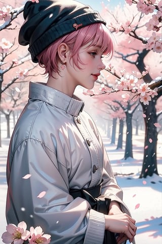 22 year old Girl, cute, solo, knit cap, profile, pink hair, short hair, smooth bangs, smile, snow out of season, cherry blossoms, admiring flowers, white breath, upper body close-up, out of focus background, cherry blossom trees, dim light, cloudy, sun Angle from inside and side,snow full,
