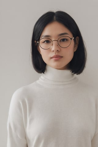 {{A shy and charming}} depiction of {a solo girl} with {a bob cut} framing her face, showcasing {her black hair} and {black eyes} behind {glasses}. She possesses {huge breasts}, giving her a striking silhouette. Her attire includes {a black turtleneck sweater} paired with {white denim pants}, adding a touch of contrast to her ensemble. The girl's cheeks are tinged with {blush}, indicating her {embarrassed} demeanor. The scene is set in {a room}, with the perspective captured {from below}, adding depth to the composition. This image, inspired by the theme of r1ge, focuses on conveying a sense of {shyness} and {vulnerability}