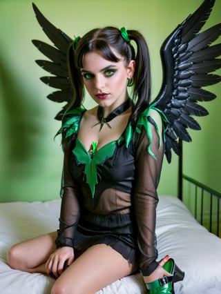 1 cute succubus girl with shiny black hair, two ponytails, green eyes, beautiful detailed face and eyes, stands in front of a bed, black wings, black high heels,, masterpiece, best quality, ultra-detailed, best shadow, detailed background, high contrast, photography, 35mm, Nikon D850 film stock photograph, Kodak Portra 400 camera f1.6 lens, 8k, UHD, retouched in the styles of pino daeni, Waterhouse, Greg Olsen, Carne Griffiths, Alex Ross, , Craig Mullins, Jon Burgerman ,Geof Darrow,, TzigoCuteSuccubus1,