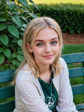 {{A captivating}} depiction of {a beautiful 20 year old girl with {blonde hair}, {emerald green eyes}} and {perfect features}} resting on a bench, {smiling happily} and {making the peace sign}}. This is a {modern}} inspired image that showcases {the subject's charm and style}}. The environment/background should be an {urban park} to create a {vibrant, contemporary atmosphere}. The image should be styled as a {fashion shoot}, incorporating elements of {street style photography}. The {panoramic} shot, captured with a {wide-angle} lens, will provide {a dynamic and expansive view}. The lighting should be {crisp and dynamic}, highlighting {the subject's features and attire} with strong contrasts. The desired level of detail is {striking} with {high definition} resolution, highlighting {the sharpness of the subject's attire and accessories}. The goal is to create {a visually stunning image} that captivates viewers with its {modern style and elegance}.