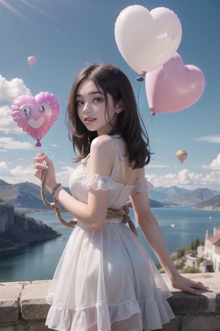 A 20-year-old woman looking in the direction of an unknown object (a familiar face) Angel, angel wings, balloons, heart balloons, wind, rope, earth landscape, medieval castle, lake, mountains, clouds, clear sky, colorful balloons (balloons: 1.5) Blue and white tones, smiles, epic, Celestia, fantasy world, beautiful world.