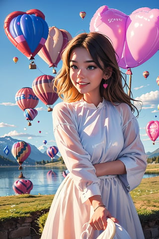 A 20-year-old woman looking in the direction of an unknown object (a familiar face) Angel, angel wings, balloons, heart balloons, wind, rope, earth landscape, medieval castle, lake, mountains, clouds, clear sky, colorful balloons (balloons: 1.5) Blue and white tones, smiles, epic, Celestia, fantasy world, beautiful world.