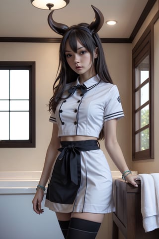 (female): solo, (perfect face), (detailed outfit), (20 years old), inn worker, (cow ears), relaxed, content, (cleaning), pale hair, long hair, asymmetrical hair, blue eyes, light skin, large chest_circumference, (short-sleeve coat), (mini skirt), (black thighhighs), (large ribbon), (friendship bracelet) (background): from front, indoor, (inn), (bathhouse), (towels), (buckets), (stools), evening, (effects): (masterpiece), (best quality), (sharp focus), (depth of field), (high res), more_details:-1, more_details:0, more_details:0.5, more_details:1, more_details:1.5, kawaiitech, pastel colors, kawaii, cute colors
