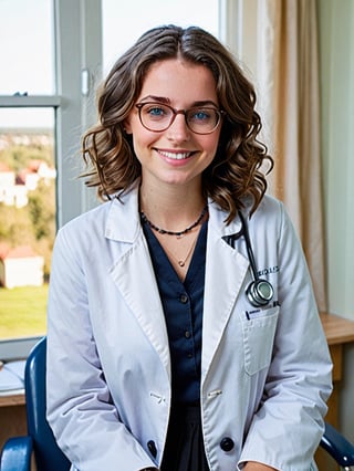 (female): solo, (perfect face), (detailed outfit), (20 years old), doctor, happy, smiling, (sitting), brown hair, medium hair, wavy hair, blue eyes, light skin, medium chest_circumference, (white coat), (black skirt), (glasses), (necklace), (friendship bracelet) (background): from front, indoor, clinic, (desk), (curtain), (medicine bottle), (patient's chair), afternoon, sunny (effects): (masterpiece), (best quality), (sharp focus), (depth of field), (high res)