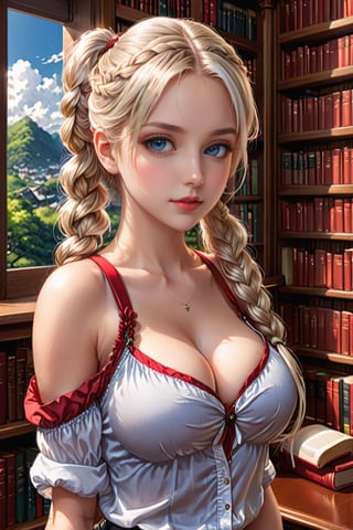 masterpiece, best quality, ultra-detailed, illustration, beautiful detailed eyes, 1girl, cute, detailed scenery, library background, platinum blonde hair, braided ponytail, red camisole, d-cup chest, , , chichibukuro, underboob, shirt
