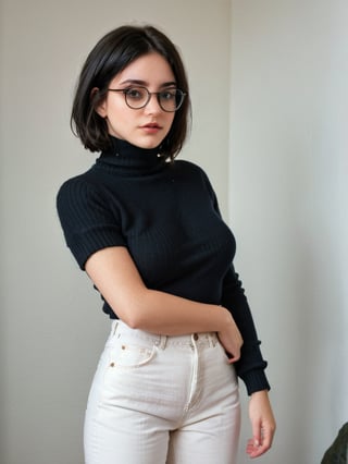 {{A shy and charming}} depiction of {a solo girl} with {a bob cut} framing her face, showcasing {her black hair} and {black eyes} behind {glasses}. She possesses {huge breasts}, giving her a striking silhouette. Her attire includes {a black turtleneck sweater} paired with {white denim pants}, adding a touch of contrast to her ensemble. The girl's cheeks are tinged with {blush}, indicating her {embarrassed} demeanor. The scene is set in {a room}, with the perspective captured {from below}, adding depth to the composition. This image, inspired by the theme of r1ge, focuses on conveying a sense of {shyness} and {vulnerability}