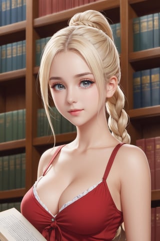 masterpiece, best quality, ultra-detailed, illustration, beautiful detailed eyes, 1girl, cute, detailed scenery, library background, platinum blonde hair, braided ponytail, red camisole, d-cup chest, , , chichibukuro, underboob, shirt
