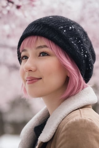 22 year old Girl, cute, solo, knit cap, profile, pink hair, short hair, smooth bangs, smile, snow out of season, cherry blossoms, admiring flowers, white breath, upper body close-up, out of focus background, cherry blossom trees, dim light, cloudy, sun Angle from inside and side,snow full,
