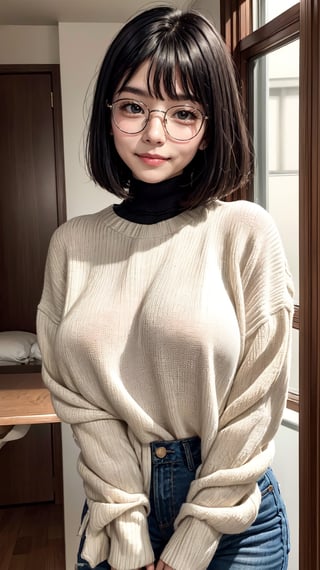 {{A shy and charming}} depiction of {a solo girl} with {a bob cut} framing her face, showcasing {her black hair} and {black eyes} behind {glasses}. She possesses {huge breasts}, giving her a striking silhouette. Her attire includes {a black turtleneck sweater} paired with {white denim pants}, adding a touch of contrast to her ensemble. The girl's cheeks are tinged with {blush}, indicating her {embarrassed} demeanor. The scene is set in {a room}, with the perspective captured {from below}, adding depth to the composition. This image, inspired by the theme of r1ge, focuses on conveying a sense of {shyness} and {vulnerability}