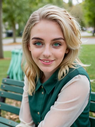 {{A captivating}} depiction of {a beautiful 20 year old girl with {blonde hair}, {emerald green eyes}} and {perfect features}} resting on a bench, {smiling happily} and {making the peace sign}}. This is a {modern}} inspired image that showcases {the subject's charm and style}}. The environment/background should be an {urban park} to create a {vibrant, contemporary atmosphere}. The image should be styled as a {fashion shoot}, incorporating elements of {street style photography}. The {panoramic} shot, captured with a {wide-angle} lens, will provide {a dynamic and expansive view}. The lighting should be {crisp and dynamic}, highlighting {the subject's features and attire} with strong contrasts. The desired level of detail is {striking} with {high definition} resolution, highlighting {the sharpness of the subject's attire and accessories}. The goal is to create {a visually stunning image} that captivates viewers with its {modern style and elegance}