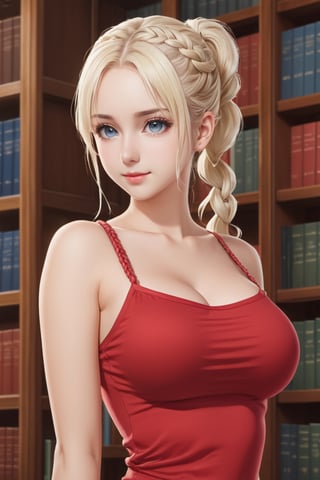 masterpiece, best quality, ultra-detailed, illustration, beautiful detailed eyes, 1girl, cute, detailed scenery, library background, platinum blonde hair, braided ponytail, red camisole, d-cup chest, , , chichibukuro, underboob, shirt
