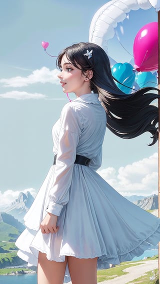 A 20-year-old woman looking in the direction of an unknown object (a familiar face) Angel, angel wings, balloons, heart balloons, wind, rope, earth landscape, medieval castle, lake, mountains, clouds, clear sky, colorful balloons (balloons: 1.5) Blue and white tones, smiles, epic, Celestia, fantasy world, beautiful world.