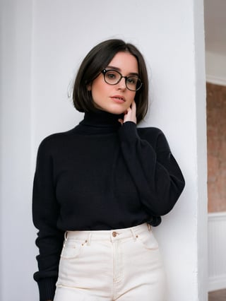 !
{{A shy and charming}} depiction of {a solo girl} with {a bob cut} framing her face, showcasing {her black hair} and {black eyes} behind {glasses}. She possesses {huge breasts}, giving her a striking silhouette. Her attire includes {a black turtleneck sweater} paired with {white denim pants}, adding a touch of contrast to her ensemble. The girl's cheeks are tinged with {blush}, indicating her {embarrassed} demeanor. The scene is set in {a room}, with the perspective captured {from below}, adding depth to the composition. This image, inspired by the theme of r1ge, focuses on conveying a sense of {shyness} and {vulnerability}.