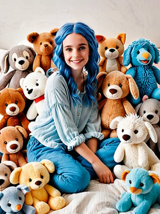 A whimsical scene unfolds in a cozy bedroom, where one girl sits amidst a sea of plush animals. Her bright blue hair and fluffy attire - from shirt to pants to sleeves - exude a playful aura. Floppy ears frame her adorable face, as brown eyes sparkle with excitement. A multitude of cuddly companions, including animal plushies, surround her, filling the space with an explosion of fluff.