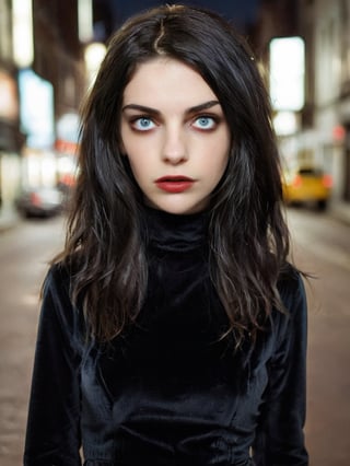 woman in a (black velvet dress, very long dress) with (jet black hair), expressive face, detailed features, (((afraid, look of fear, fearful, panic, scared, terrified look, horrified expression, shocked))), emotional, very detailed eyes, dark eyes, black eyes, wide eyed, masterpiece, best quality, ultra detailed, intricate details, highly detailed, fine details, sharp focus, depth of field, gloomy lighting, dark city street, empty city street, cityscape, dark skies, modern setting, dynamic views, ,LowRA,starrystarscloudcolorful