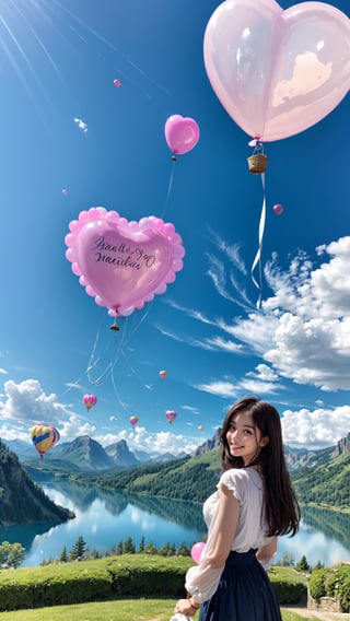 A 20-year-old woman looking in the direction of an unknown object (a familiar face) Angel, angel wings, balloons, heart balloons, wind, rope, earth landscape, medieval castle, lake, mountains, clouds, clear sky, colorful balloons (balloons: 1.5) Blue and white tones, smiles, epic, Celestia, fantasy world, beautiful world.