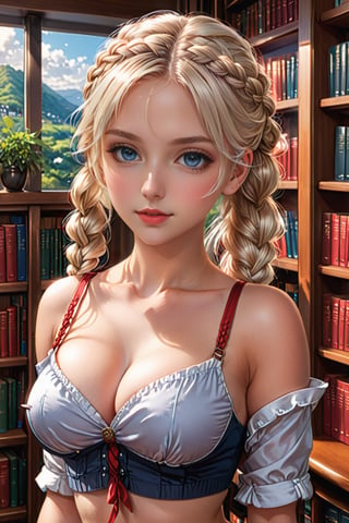 masterpiece, best quality, ultra-detailed, illustration, beautiful detailed eyes, 1girl, cute, detailed scenery, library background, platinum blonde hair, braided ponytail, red camisole, d-cup chest, , , chichibukuro, underboob, shirt
