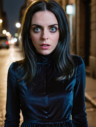 woman in a (black velvet dress, very long dress) with (jet black hair), expressive face, detailed features, (((afraid, look of fear, fearful, panic, scared, terrified look, horrified expression, shocked))), emotional, very detailed eyes, dark eyes, black eyes, wide eyed, masterpiece, best quality, ultra detailed, intricate details, highly detailed, fine details, sharp focus, depth of field, gloomy lighting, dark city street, empty city street, cityscape, dark skies, modern setting, dynamic views, ,LowRA,starrystarscloudcolorful
