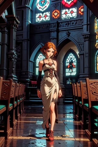 In a cinematic and ultra-realistic 16K resolution scene, a beautiful American woman waitress standing confidently, captured in a wide, head-to-toe shot. She has short wavy black hair, hazel eyes, and long eyelashes, with an hourglass figure accentuated by her tight dress. Her expression is alluring and playful, featuring plump lips and a captivating smile. She wears an jewelry, adding a touch of vibrant color. (church scene:1.5), dynamic pose. The lighting is a blend of cinematic, ambient, and sidelight, highlighting her exquisite details and textures. The color palette is warm and intense, yet balanced, avoiding overly saturated hues. The composition adheres to the golden ratio, creating a visually pleasing aesthetic. The scene is reminiscent of a high-budget film or matte painting movie poster, with a style inspired by renowned artists like Artgerm, H.R. Giger, and Beksinski, blending their unique styles into an intricate and epic masterpiece. The artwork is designed to trend on platforms like CGSociety and ArtStation, showcasing its ominous, intricate, and aesthetic qualities