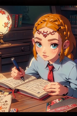 Best quality, masterpiece,  solo, perfect face, perfect eyes, brown hair, long braids, shirt, tie, lamp, table, pen, notebook, writing in notebook, looking at viewer